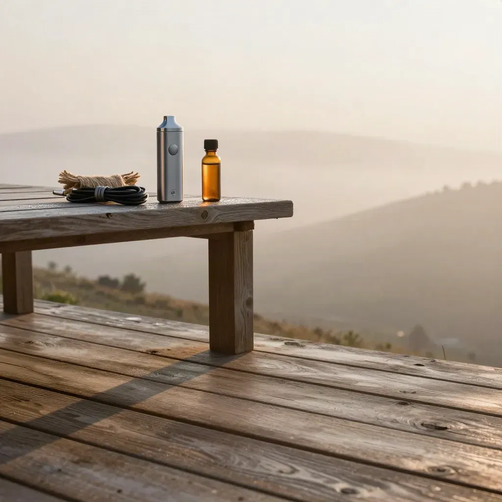 Misty cedar deck with hemp vape pod products above a quiet hillside at dawn