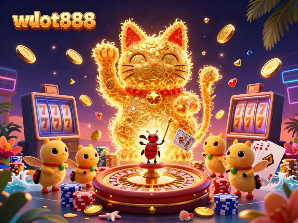 Gambarkan wslot888 dengan kucing keberuntungan yang dikelilingi oleh chip kasino dan simbol slot.