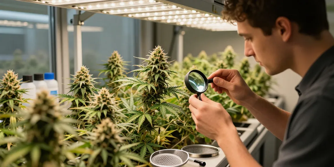 Skilled cultivator examining cannabis plants and hash sieb tools in indoor grow room.