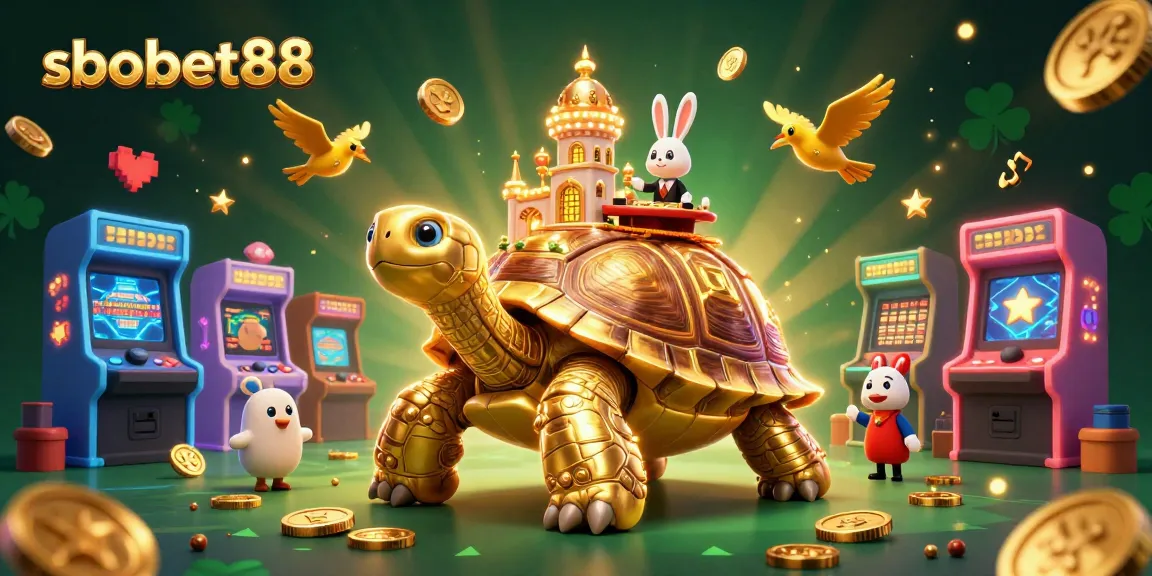 Engage with sbobet88 in a vibrant casino scene featuring a golden tortoise and a rabbit dealer.