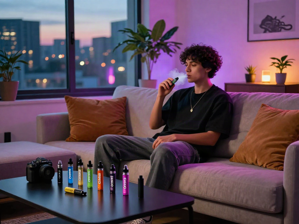 Individual enjoying a THC vape in a stylish urban living room setting.
