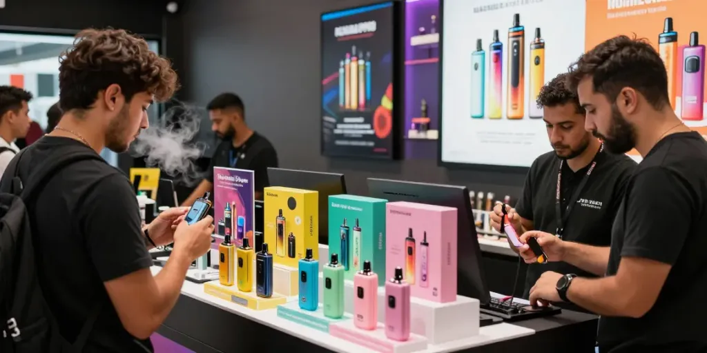Al Fakher Vape Produkte in einem modernen Vape-Shop mit Kunden und bunten Displays.