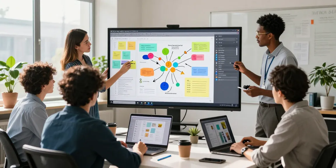 Team collaborating in a modern office using mixboard ai for creative brainstorming and project planning.