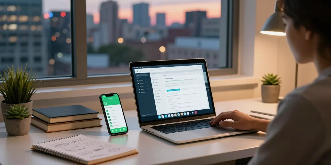 A user efficiently utilizing WhatsApp電腦版 on their laptop in a modern home office.