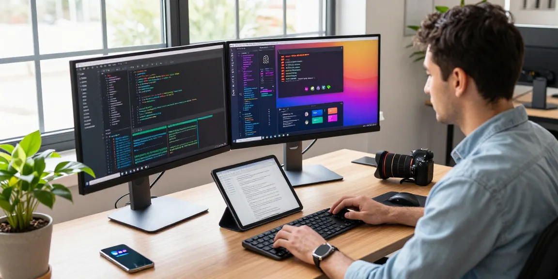 The workspace scene depicting a developer working on Telegram中文版下载 app features vibrant coding displays and a modern office atmosphere.