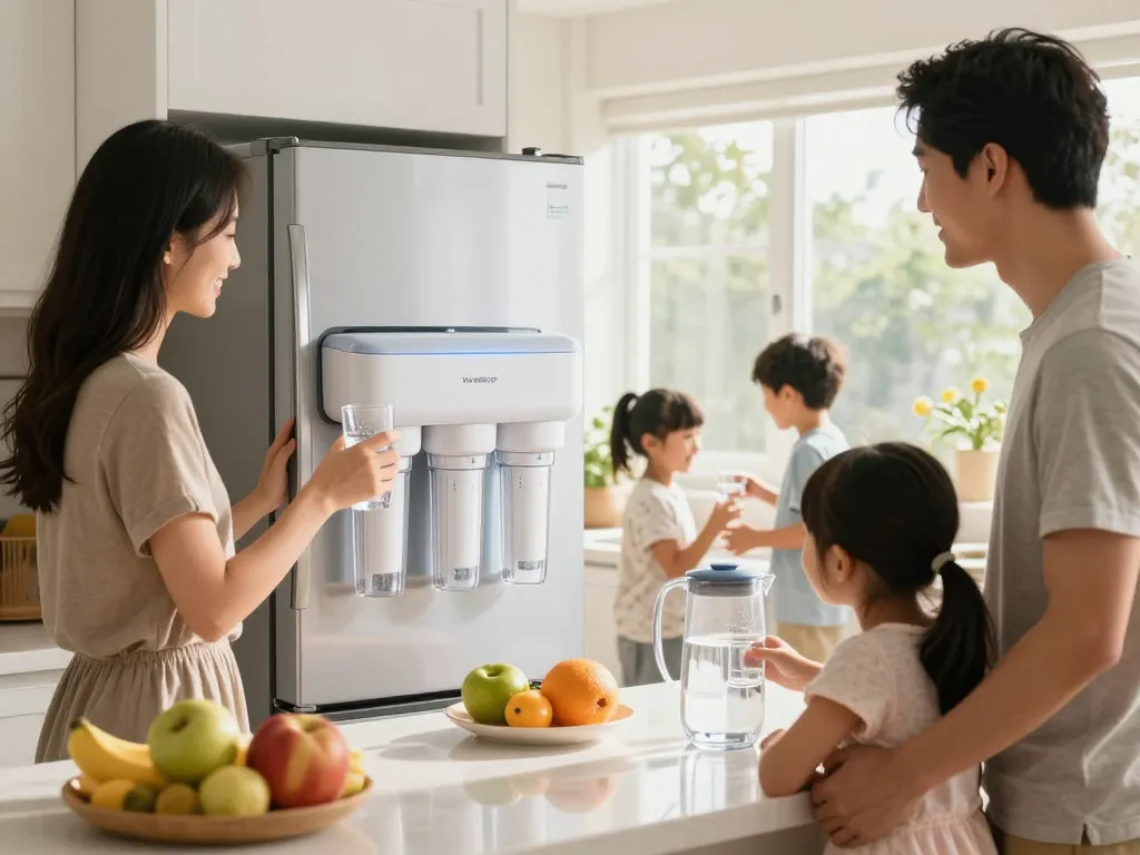 Family enjoying purified water using Waterdrop Replacement for Frigidaire® & Electrolux® WF2CB® in a bright kitchen setting.