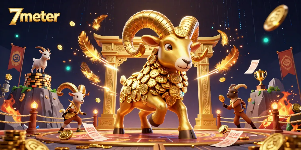 Engage with 7meter's dynamic sports betting scene featuring golden ram charging at a golden gate.