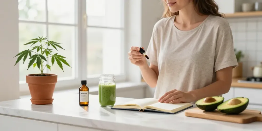 Muha meds CBD oil tincture used in a wellness routine with fresh ingredients and natural light.
