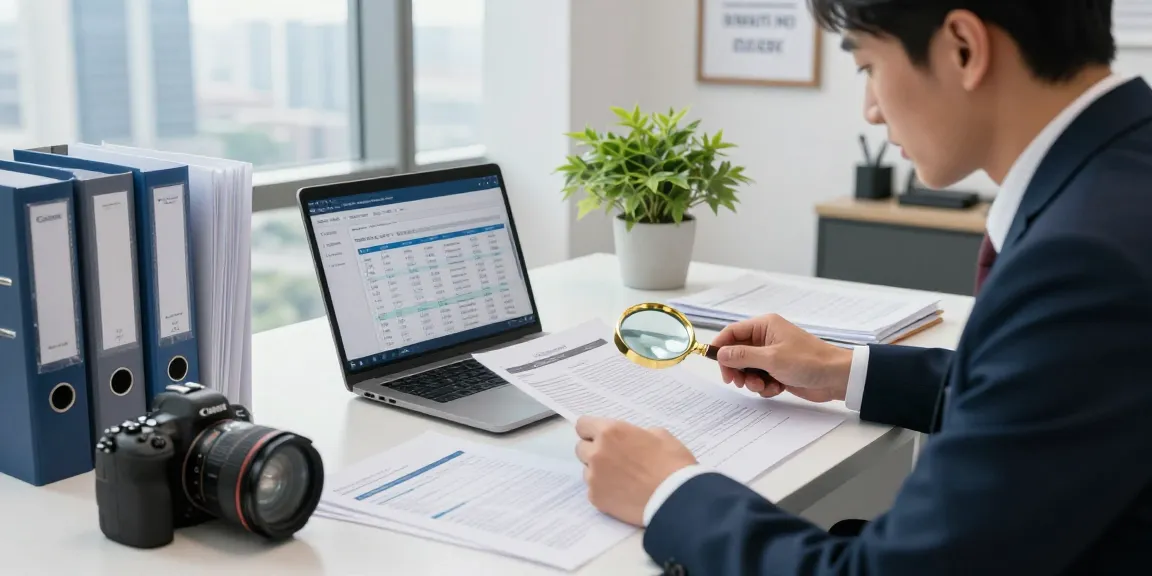 Professional workspace for asset tracing investigation with documents, laptop, and city view
