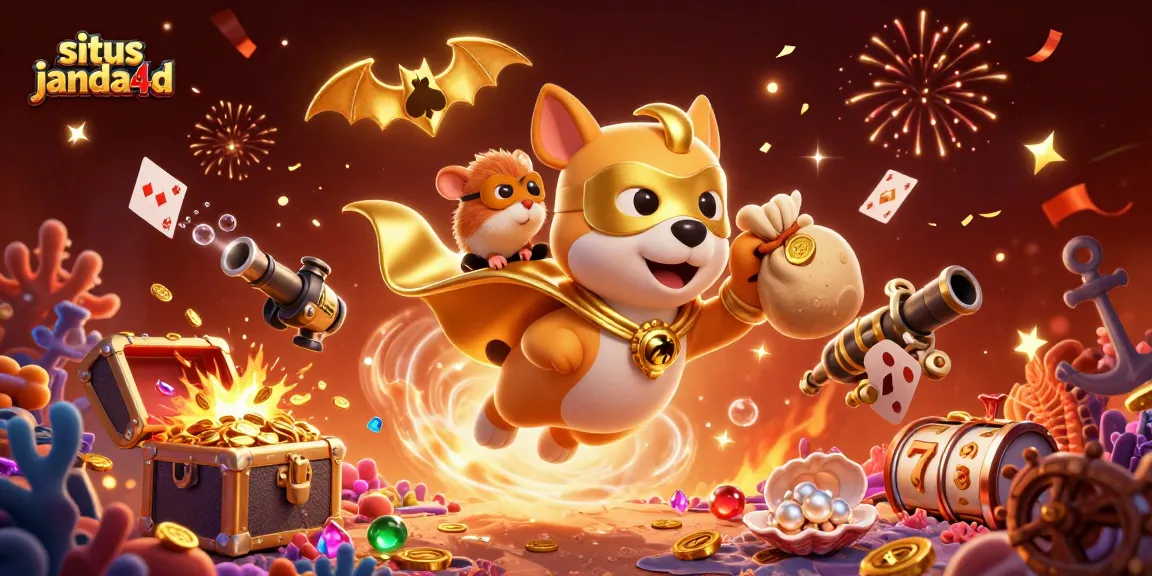 Situs janda4d menghadirkan ilustrasi 3D yang menarik dengan karakter superhero anjing, koin emas, dan permainan slot yang meriah.