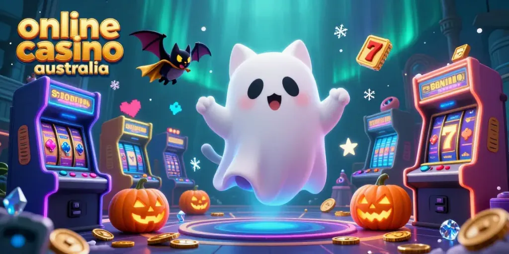 Join the fun at an online casino Australia with friendly ghost cat and vampire bat in a haunted setting.