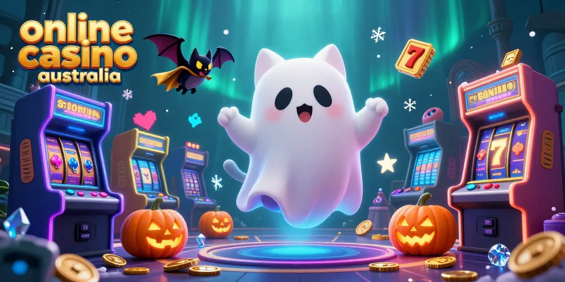 Join the fun at an online casino Australia with friendly ghost cat and vampire bat in a haunted setting.