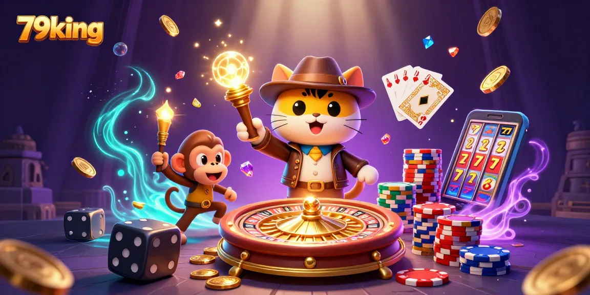 79king showcases an archaeologist cat and monkey companion uncovering casino treasures in a vibrant 3D scene.