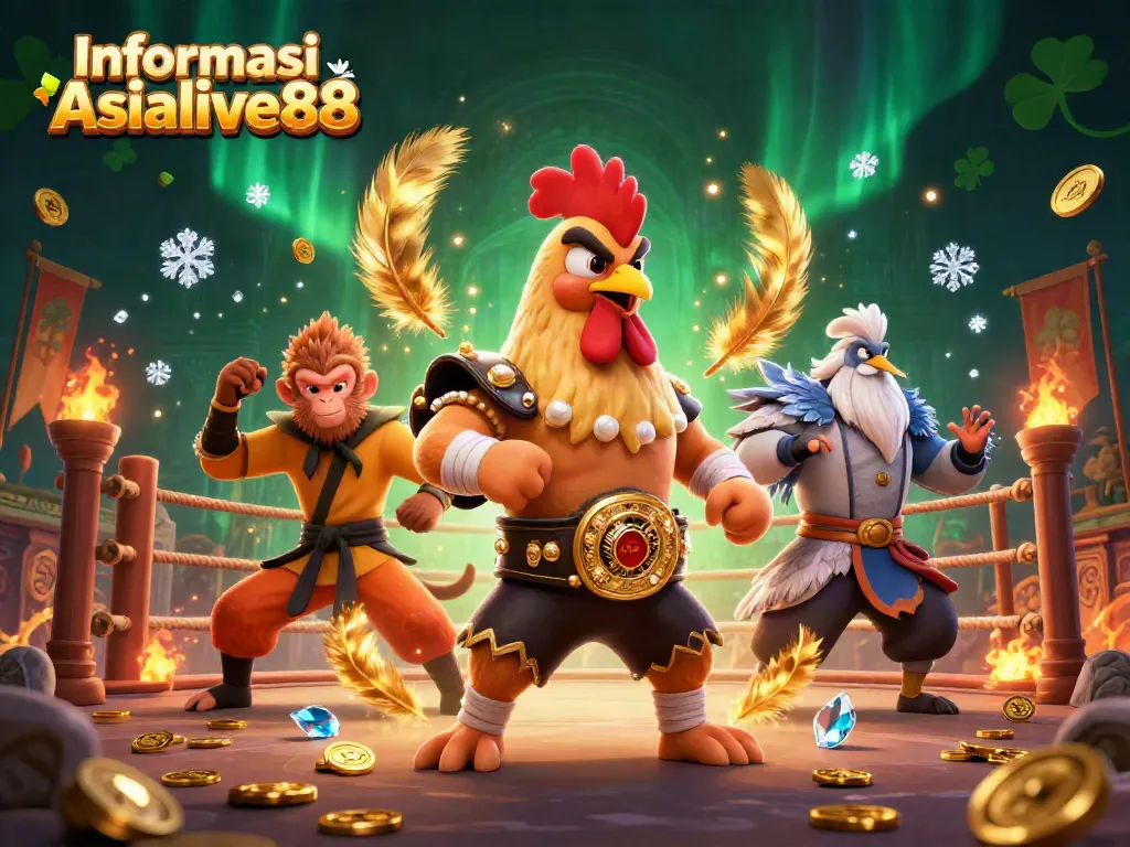 Engage with Informasi Asialive88 in this vibrant 3D scene of a Muay Thai rooster, Shaolin monkey, and wise crane master.