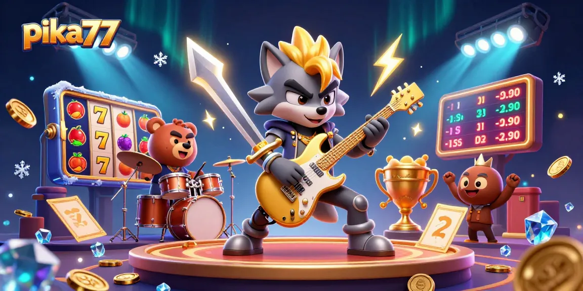 Experience the thrill of gaming at pika77 with a lively casino scene featuring dynamic characters and vibrant slot reels.