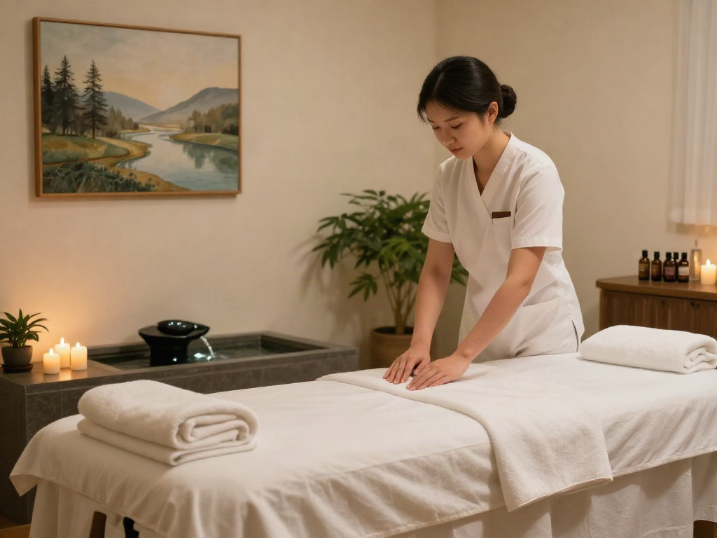 Inviting spa massage setting for 부천출장마사지 featuring soft linens and calming decor.