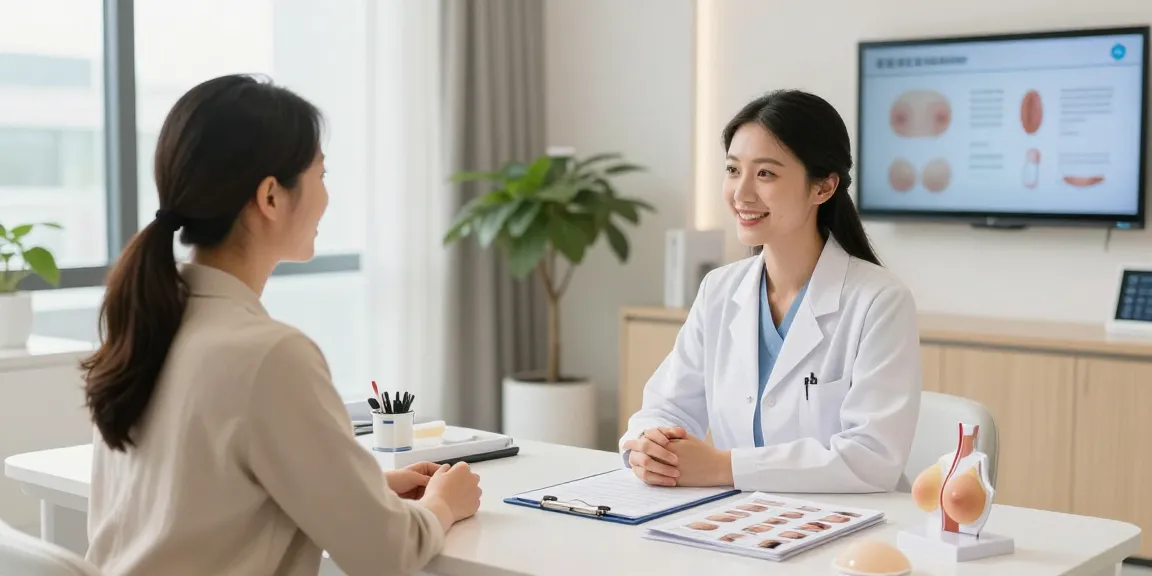Consultation scene illustrating breast augmentation options with a professional surgeon and patient in a modern plastic surgery clinic.