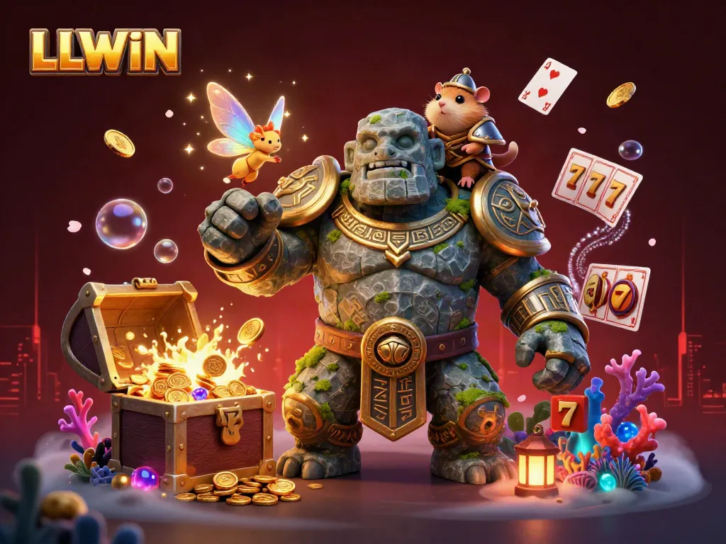 Experience thrilling wins with LLWIN in a vibrant fantasy casino scene filled with treasures and magic.