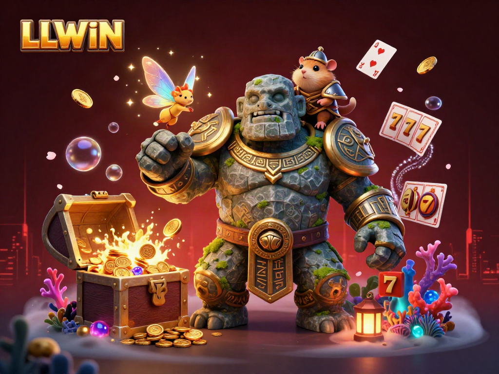 Experience thrilling wins with LLWIN in a vibrant fantasy casino scene filled with treasures and magic.