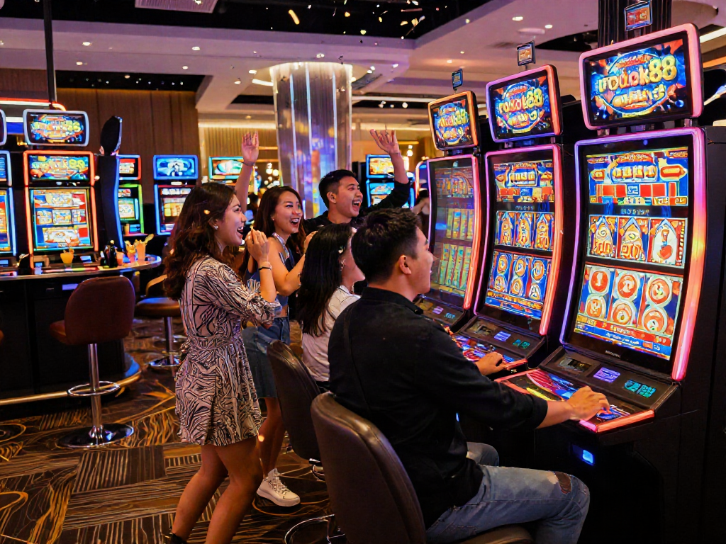 Thrilling casino atmosphere showcasing players celebrating a win at the rokok88 slot machine amidst vibrant lights and excitement