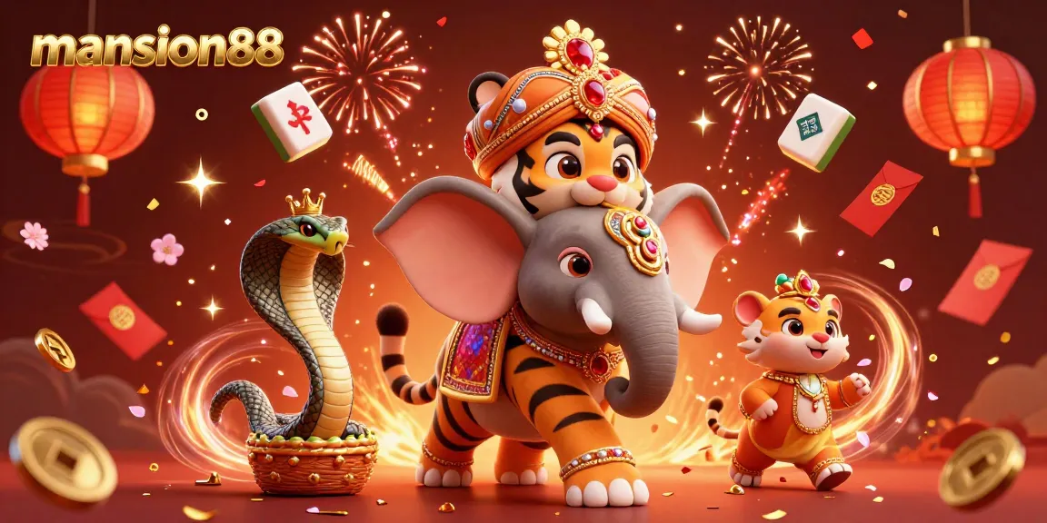 Mansion88 offers thrilling betting experiences with a vibrant digital scene showcasing a tiger, elephant, and festive elements.