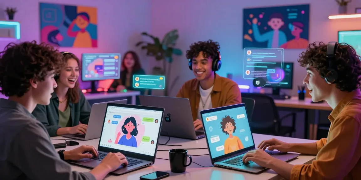 Engaging scene of diverse users in vibrant ai nsfw chat interactions with dynamic AI characters in a lively, colorful digital space.