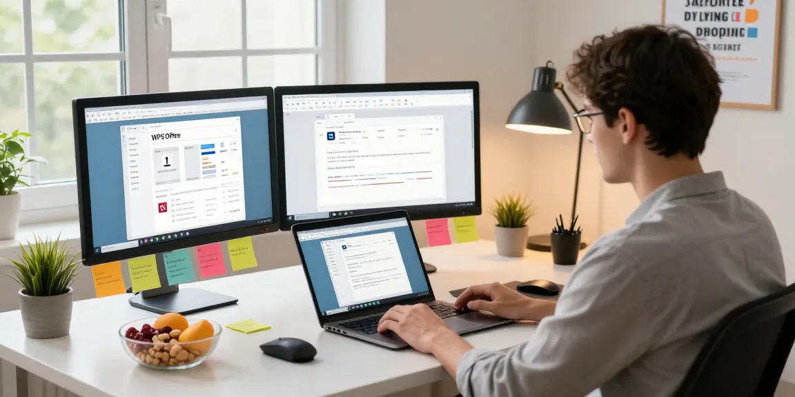 Download WPS Office on a sleek laptop in a modern home office setting, featuring vibrant desk organization.