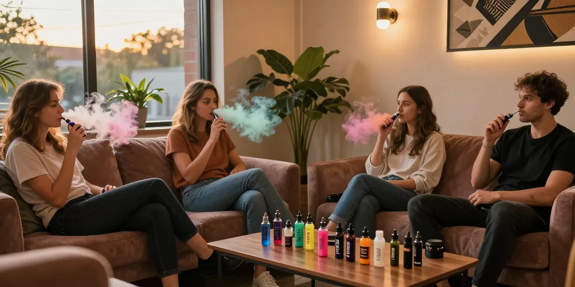 Individuals enjoying THC vape in a stylish lounge setting, showcasing flavors and relaxation.