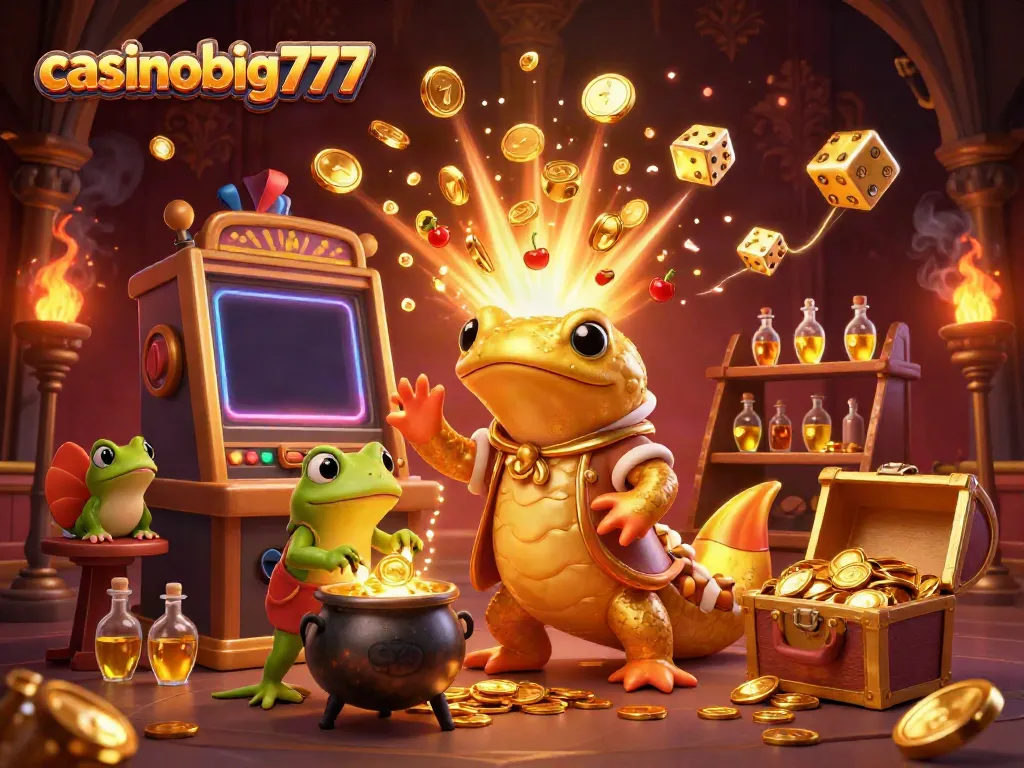 Experience the excitement of casinobig777 with a vibrant illustration of a golden salamander and dynamic casino elements.