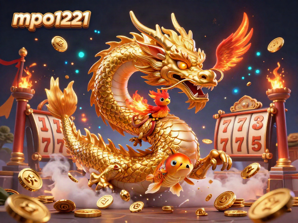Engage with mpo1221's vibrant casino gaming scene featuring a golden dragon, phoenix, koi fish, and slot elements.