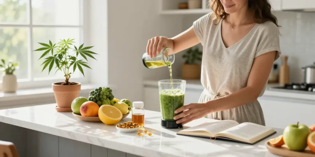 Natural wellness scene with dope vapes, CBD oil, and fresh ingredients in a bright kitchen.