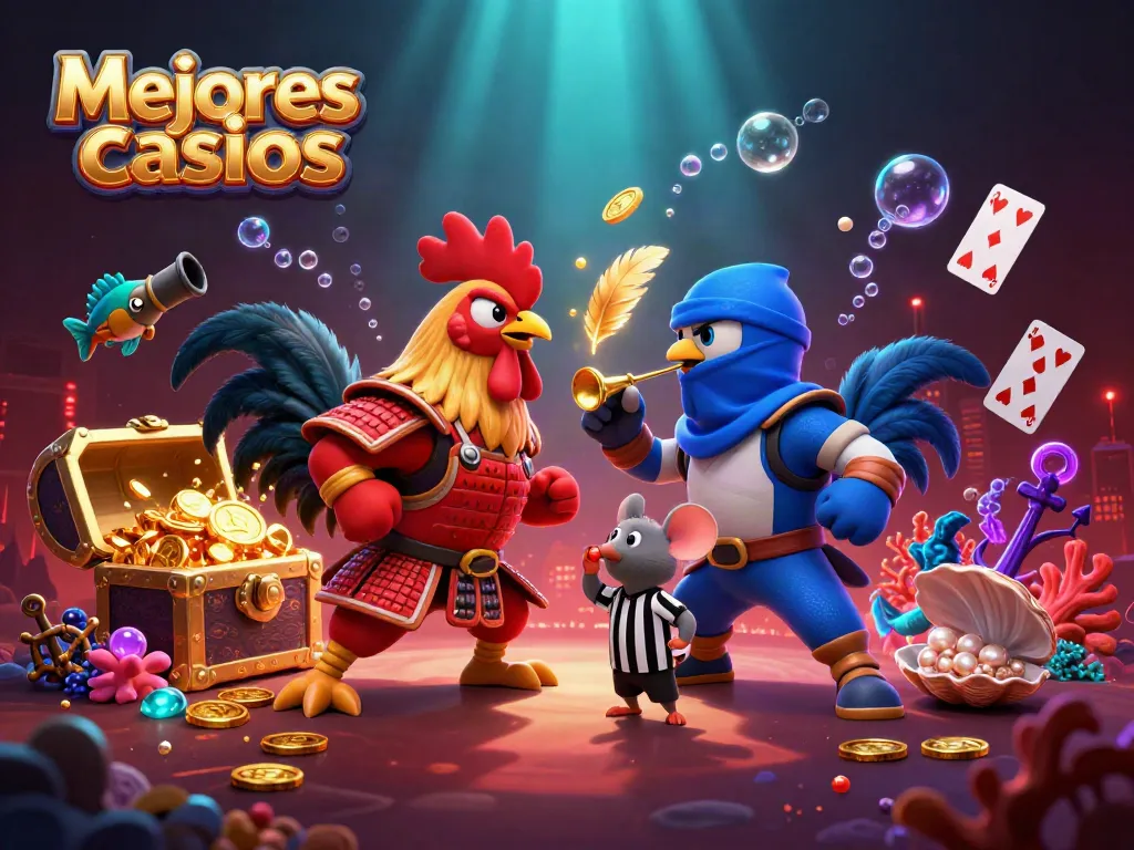 Mejores casinos: Lucha épica entre gallos en un vibrante fondo de casino con acciones de juego.