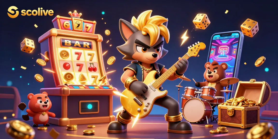 Socolive's electrifying live casino scene showcasing a vibrant cartoon rock star wolf and drummer bear amidst explosive gaming action.