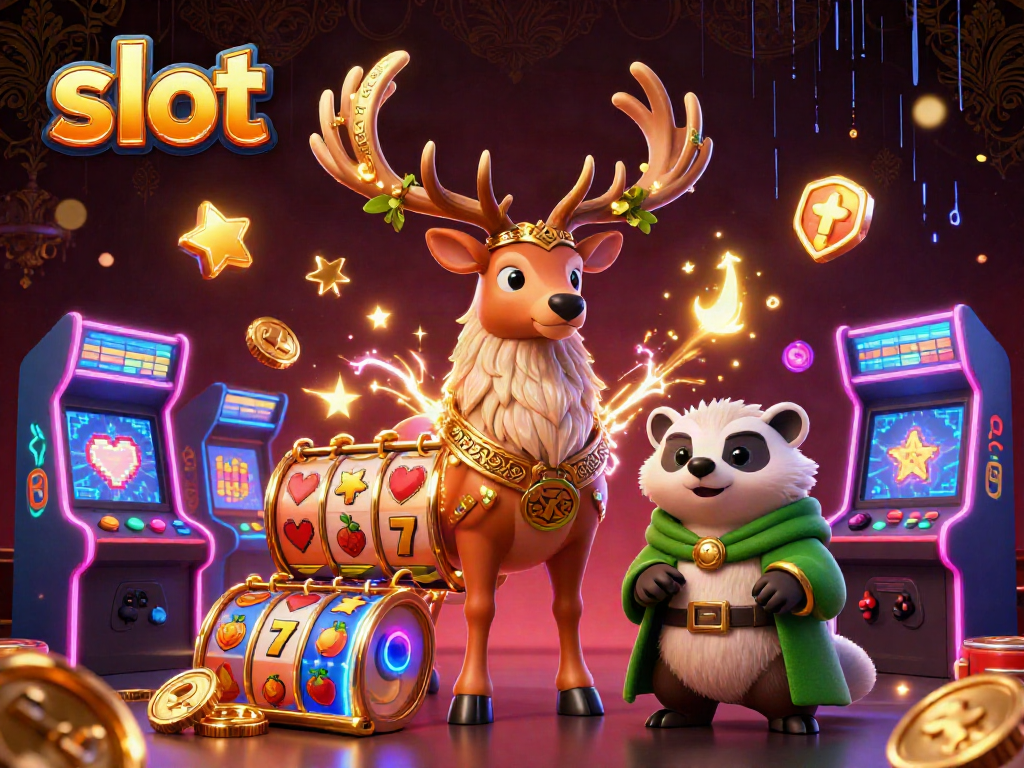 Spinning slot reels come to life alongside a druid stag and wise badger in a vibrant casino scene.