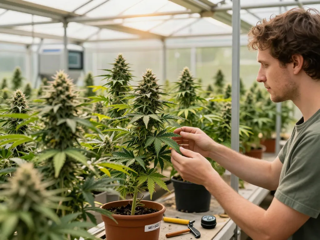 Grower inspecting regular photoperiod seeds in a bright greenhouse with vibrant cannabis plants.