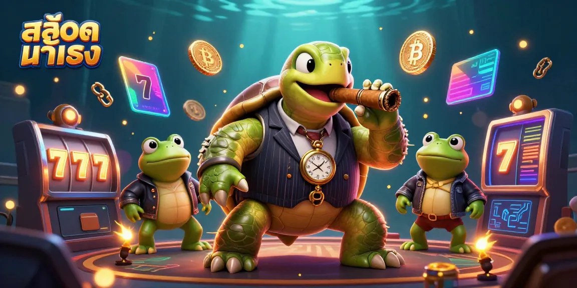 Engage with สล็อตแท้ตรง featuring a mobster turtle and bullfrog guards in a vibrant casino scene.
