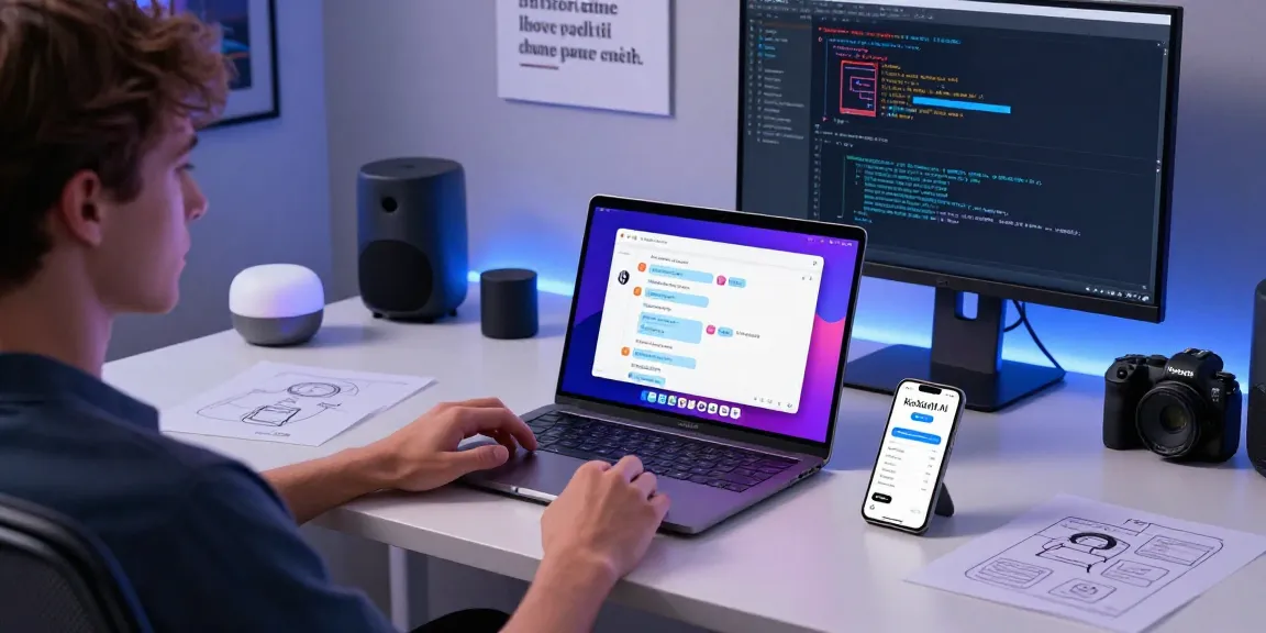 User interacting with koboldai chatbot on a sleek laptop in a modern tech workspace.