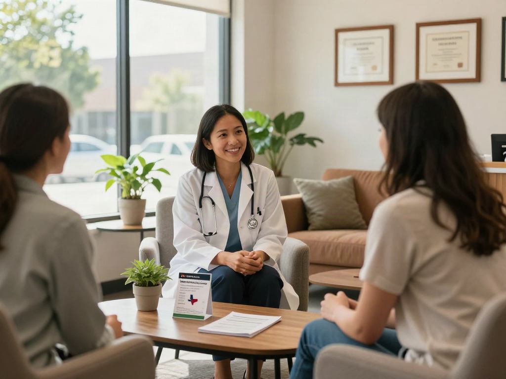 Patient discussing options for a Texas Medical Cannabis Card with a healthcare professional in a welcoming clinic environment.