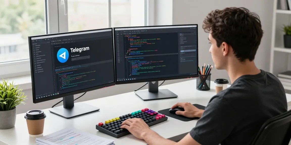 Developer coding in a modern workspace with Telegram中文版下载 displayed on screens
