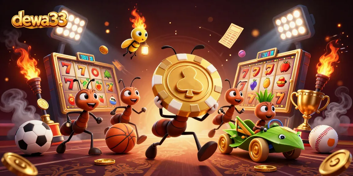 Dewa33 captures thrilling action in a vibrant casino heist scene with gold chips, slot reels, and playful characters.