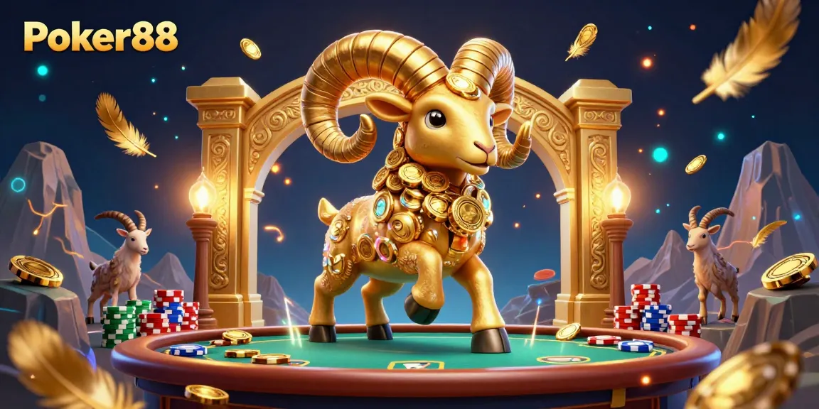 Experience Poker88 with an energetic 3D showdown at the poker table featuring a golden ram, chips, and vibrant scene.