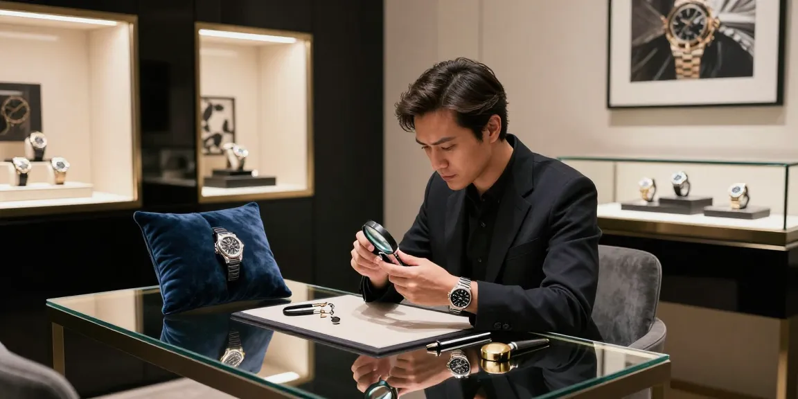 Inspecting super clone watches in a luxury boutique setting.