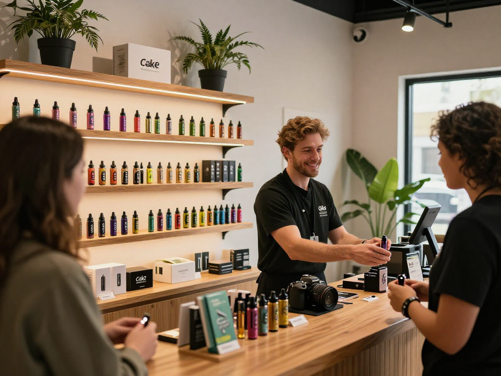 Vibrant Cake cart vape cartridges displayed in a welcoming cannabis shop.