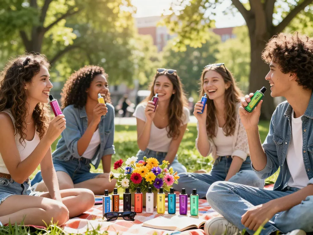 Group of friends enjoying Hitz infinity Gen 7 vapes in a sunny park.