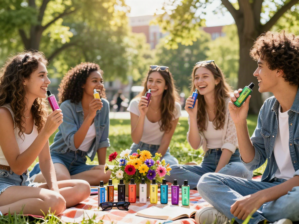 Group of friends enjoying Hitz infinity Gen 7 vapes in a sunny park.