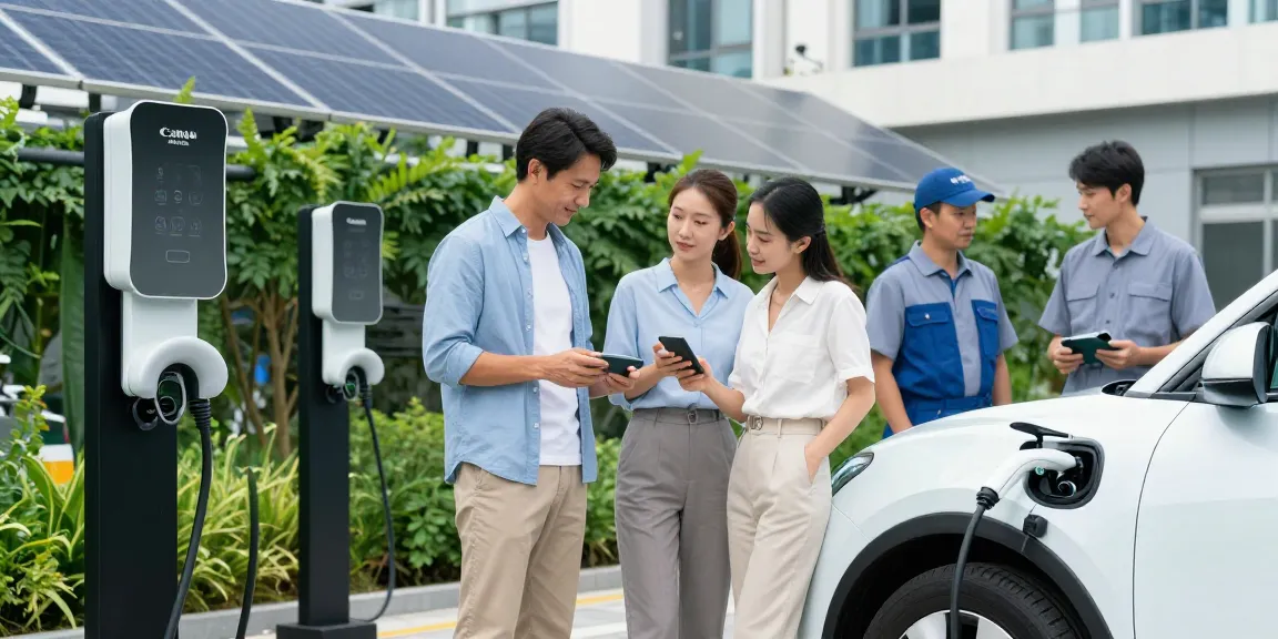 Portable EV charger factory scene with diverse individuals engaging with modern chargers in a sustainable urban environment.