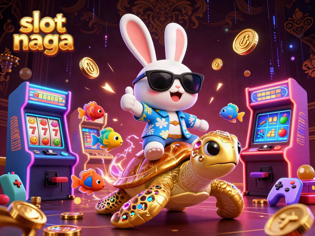 Spin the reels of slot naga with the lucky rabbit and golden turtle amidst vibrant casino elements.