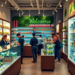 Shop at a vibrant weed store showcasing premium cannabis products and friendly service.