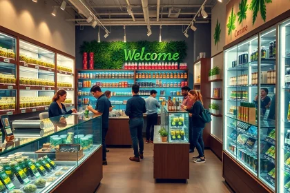 Shop at a vibrant weed store showcasing premium cannabis products and friendly service.
