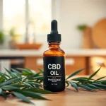 Showcase of CBD Oil with fresh hemp leaves in a serene kitchen setting